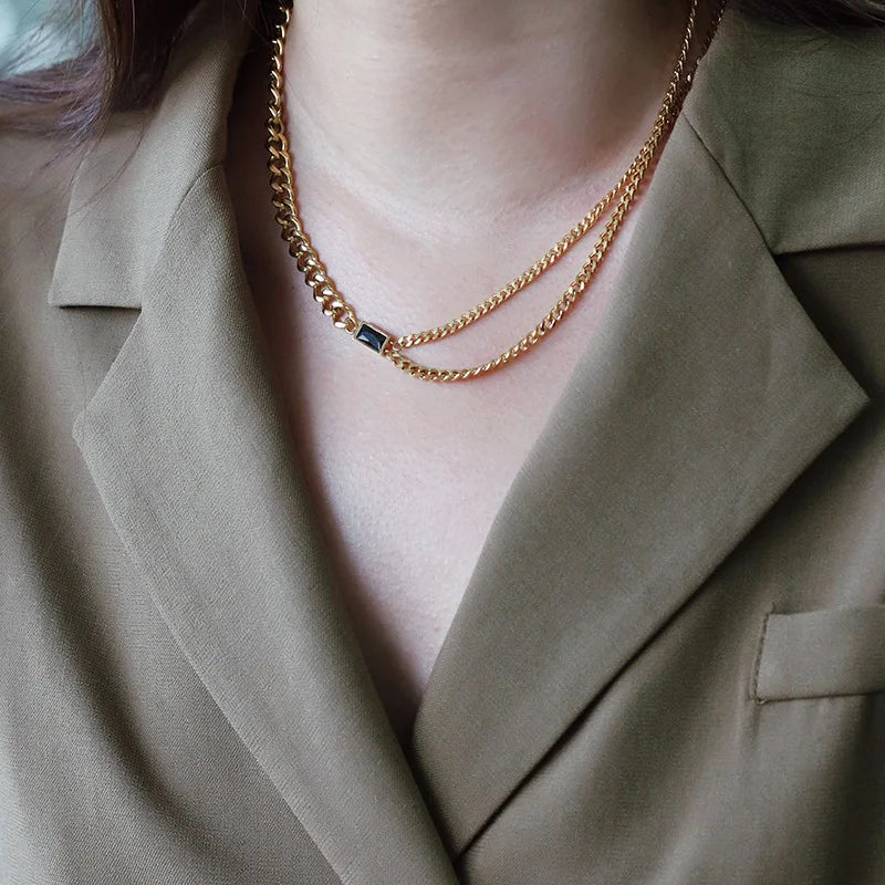 Titanium With 18 K Gold Black Zircon Double Chian  Necklace Women Stainless Steel Jewelry Chic Gown Sweet Boho OL S Japan Korean