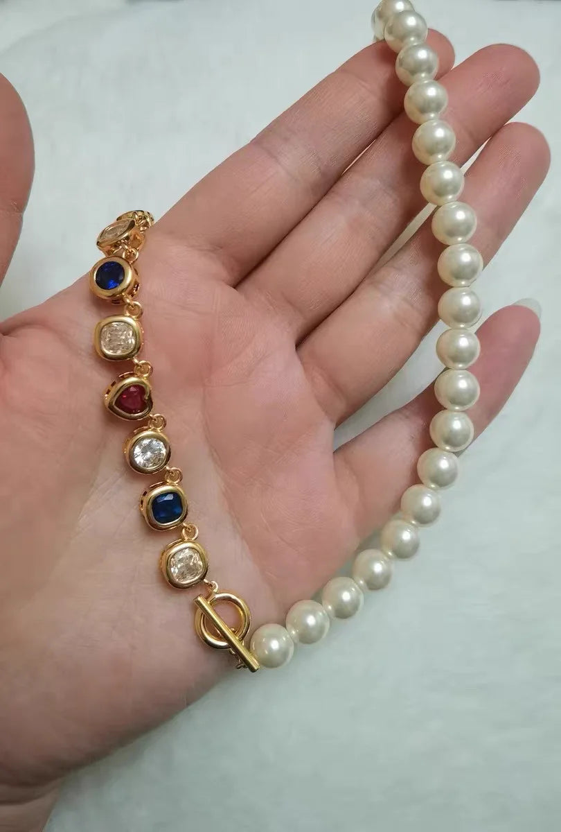 Brass With 18K Gold Half Color Beads Half Faux Pearl Necklace Women Jewelry Punk Designer Runway Rare Gown Boho Japan Korean