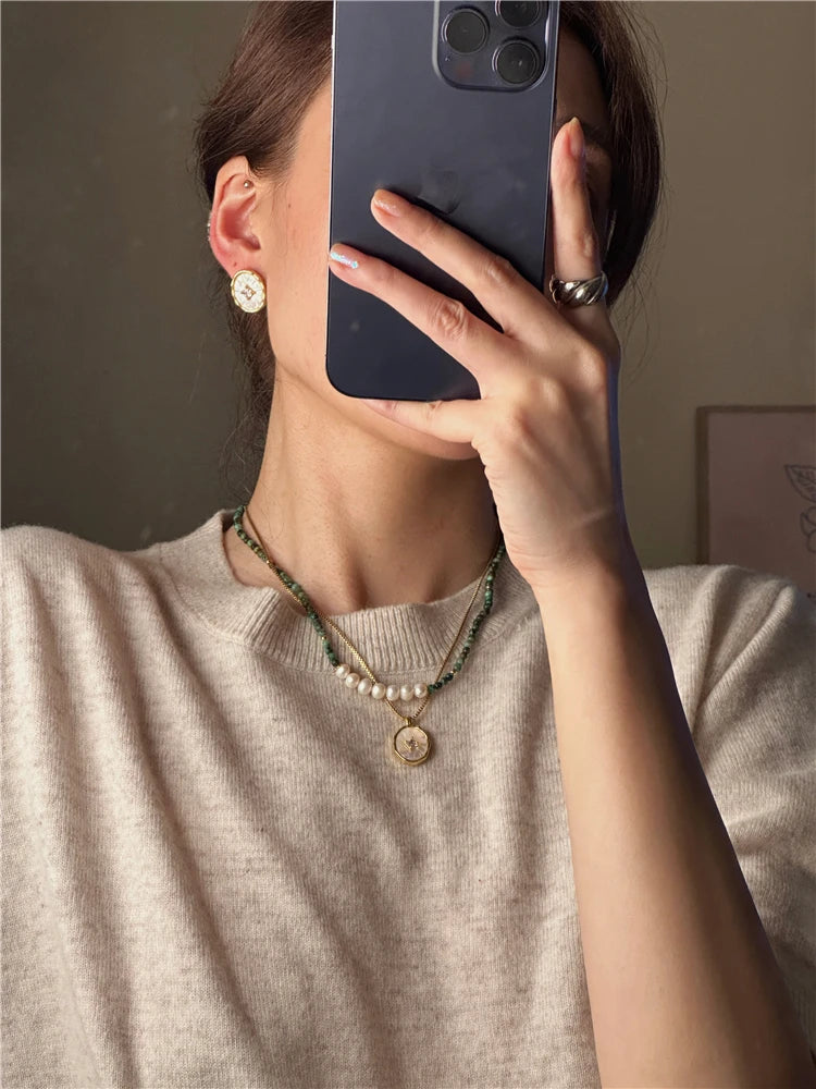 Brass With 18K Natural Shell Stud Earrings Pendant Punk Party Gown Runway rare Boucle d'oreille Korean Japan Style Fashion