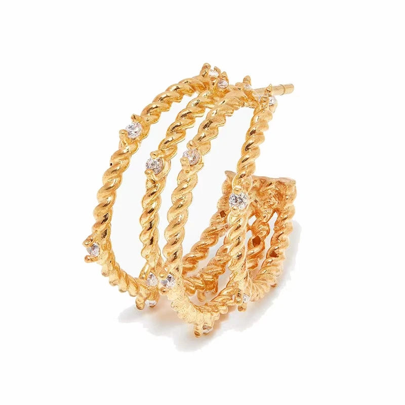 Brass With 18K Gold AAA Zirconia Braided Earring Women Jewelry Designer T Show Runway Gown Rare INS Japan Korean