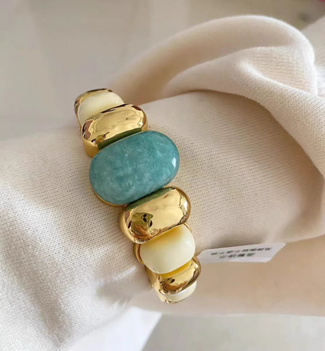 Brass With 18K Statement Chunky Natural Stone Wide Bangle Women Jewelry Designer T Show Runway Gown Rare INS Japan Korean Trendy