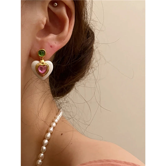 Brass Clorful Heart Drop Earrings Women Jewelry Punk Party Gown Runway rare Boucle d'oreille Korean Japan  Style Fashion