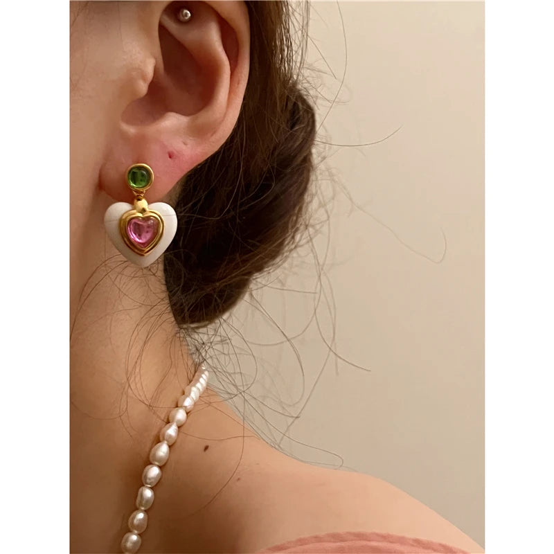 Brass Clorful Heart Drop Earrings Women Jewelry Punk Party Gown Runway rare Boucle d'oreille Korean Japan  Style Fashion