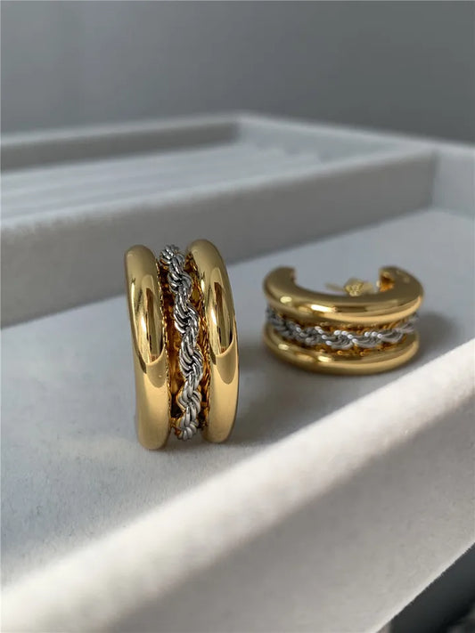Brass With 18k Gold 2 Tone Chained Twist Drop Earrings Women Jewelry Party T Show Gown Runway Rare Korean Japan Trendy INS