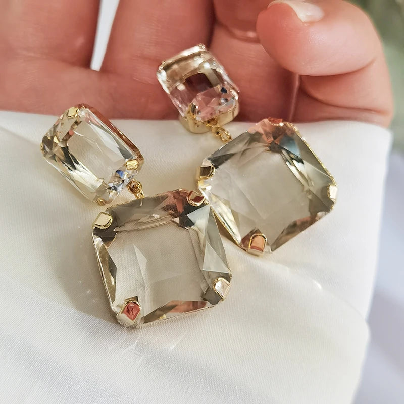 Brass With 18K Geo Clear Stone Statement Earrings Women Jewelry Punk Designer Runway Rare Simply Gown Boho Japan Korean