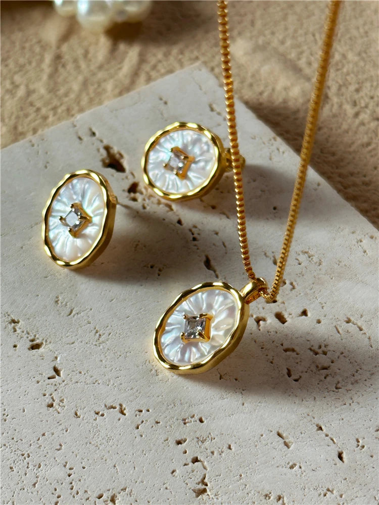 Brass With 18K Natural Shell Stud Earrings Pendant Punk Party Gown Runway rare Boucle d'oreille Korean Japan Style Fashion