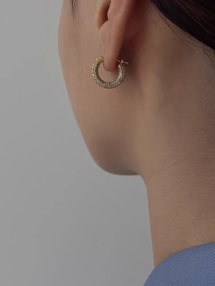 Brass With 18K Rhinestoned Geo Small Hoop Earrings Women Jewelry Punk Party T Show Gown Runway Korean Japan INS
