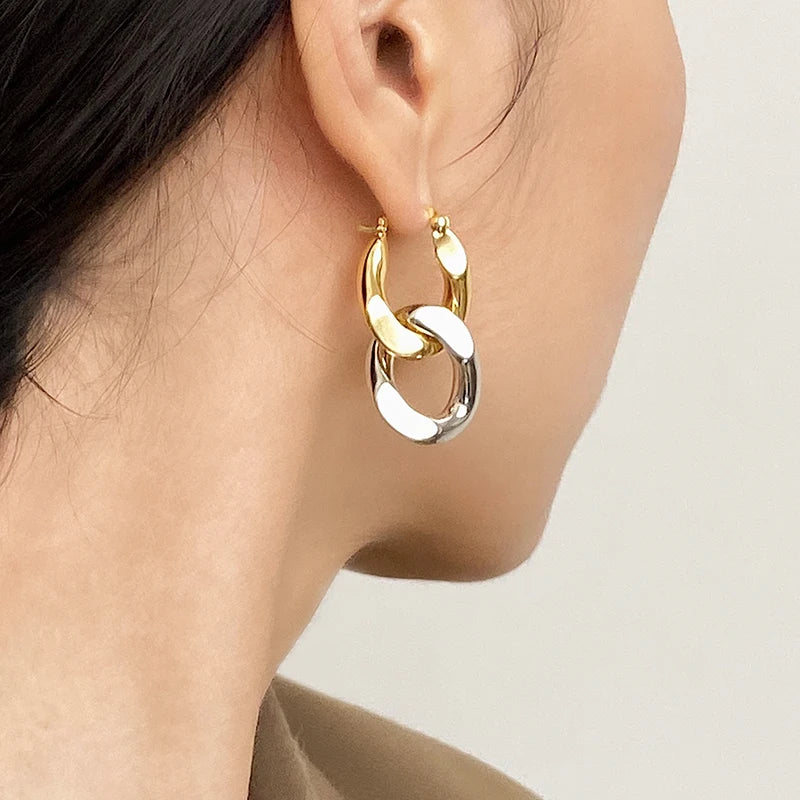 Brass With 18k Gold Double Color Chain Dropping Earrings Women Jewelry Party T Show Gown Runway Rare Korean Japan Trendy INS