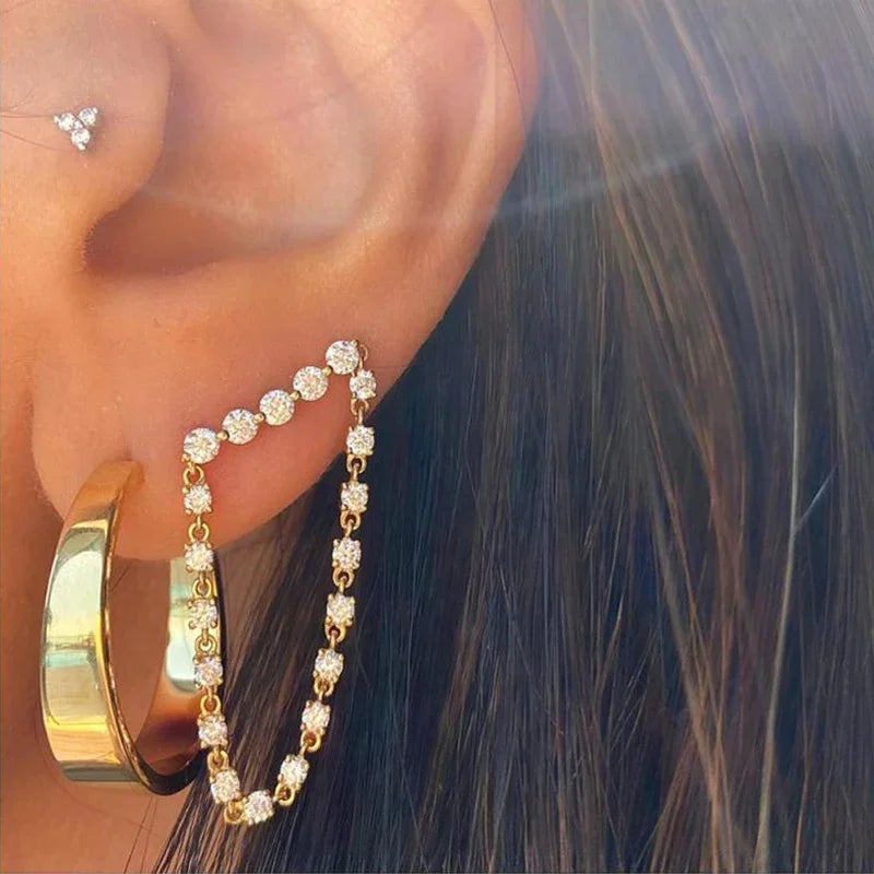 Brass With 18k Gold Crystal Tassel Chained Drop Earrings Women Jewelry Party T Show Gown Runway rare Korean Japan Trendy INS