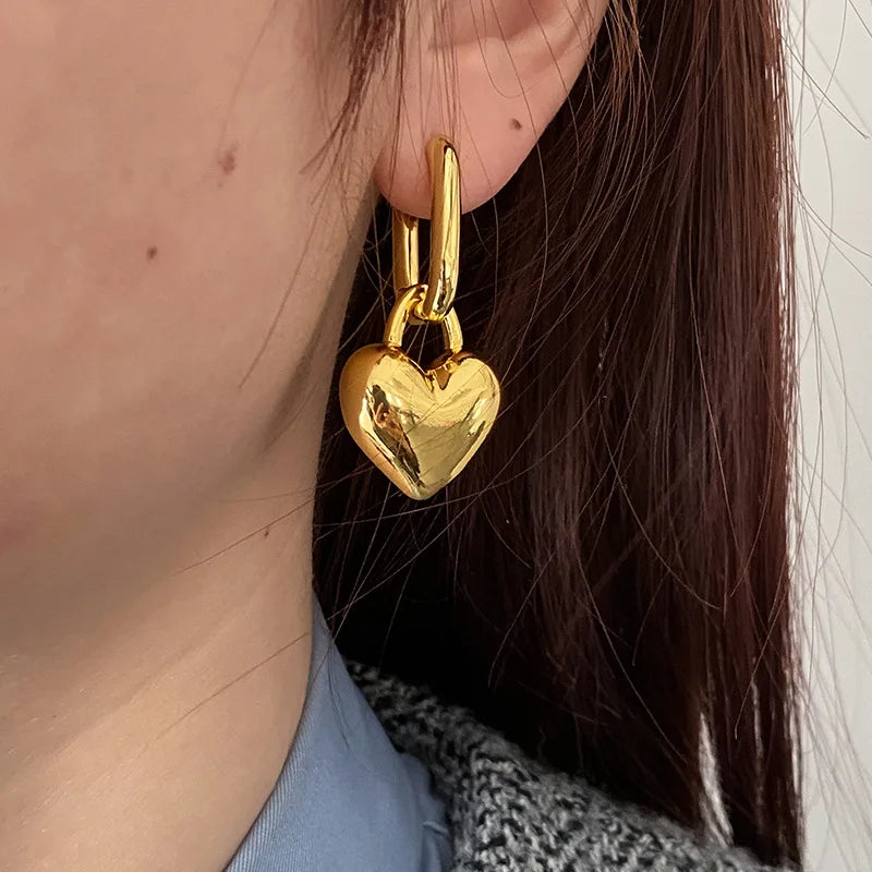 Brass Chunky Linked Heart Pendant Drop Earring Women Jewelry Punk Designer Runway Rare Simply Gown Boho Japan Korean
