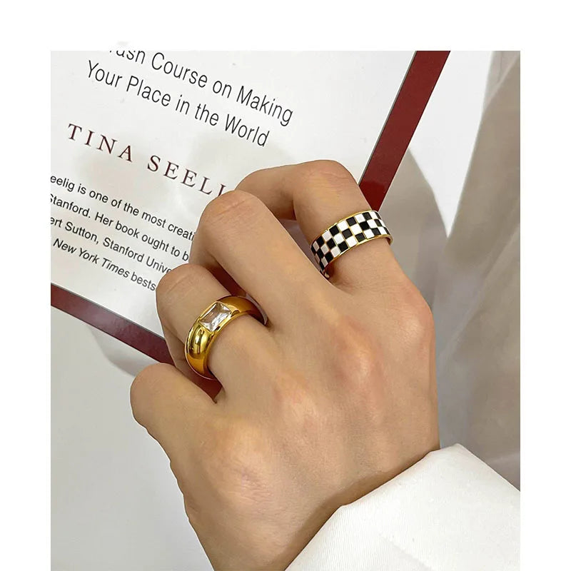 Brass With 18 K Gold AAA Zircon Solid  Ring Women Jewelry Stuning Designer T Show Club Cocktail Party Rare Japan Korean INS