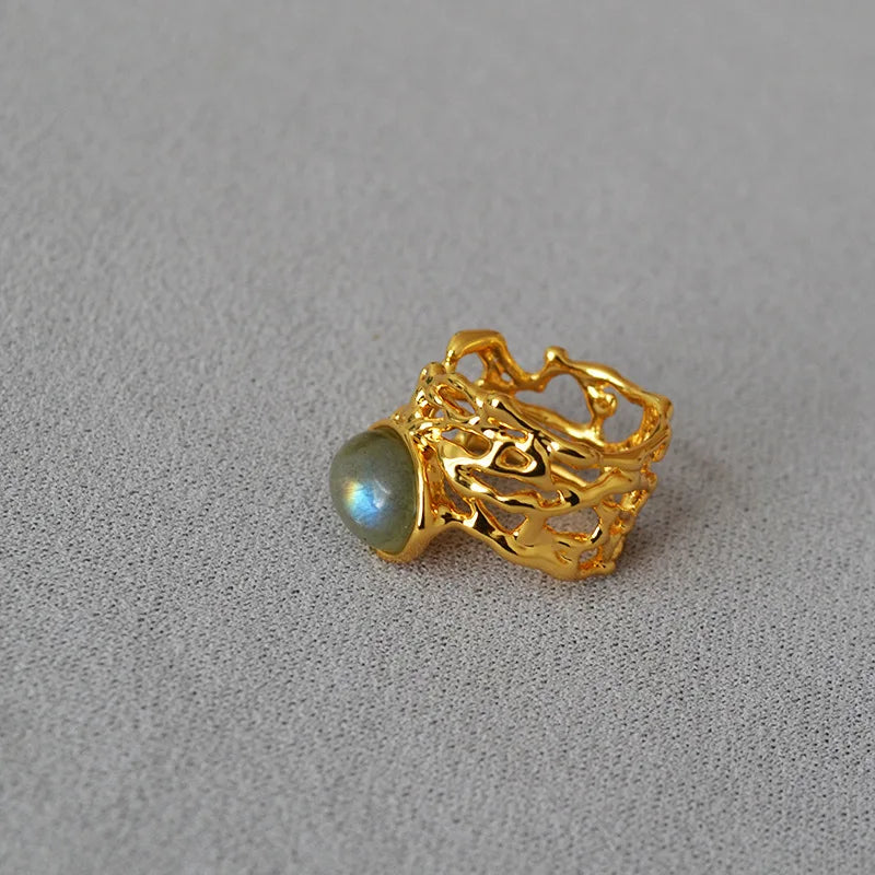 Brass With 18K Natural Stone Stackable Ring Women Jewelry Punk Style Designer Club Cocktail Party Gown Trendy Boho Korean Japan