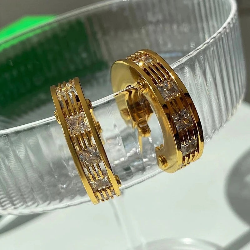 Brass With 18k Gold AAA Zircon Hoop  Earrings Women Jewelry Party Boho T Show Gown Runway Rare Korean Japan Stuning