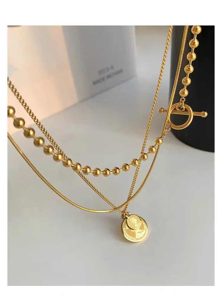 Titanium With 18K Gold Retro Beads Chain Layered Necklace Women Stainess Steel Jewelry Party Designer T Show Runway Gown Japan