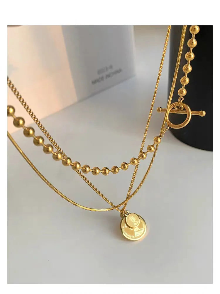 Titanium With 18K Gold Retro Beads Chain Layered Necklace Women Stainess Steel Jewelry Party Designer T Show Runway Gown Japan