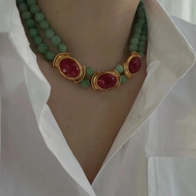 Brass Vintage Natural Green Jade Beads Chain Necklace Women Jewelry Punk Designer Runway Gown Boho Japan Korean