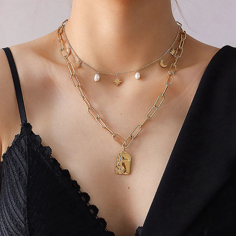 Titanium With 18K Gold Star Moon Real Pearl Charms Necklace Runway T Show Party Designer Gown Top Ins  Japan Korean Trendy