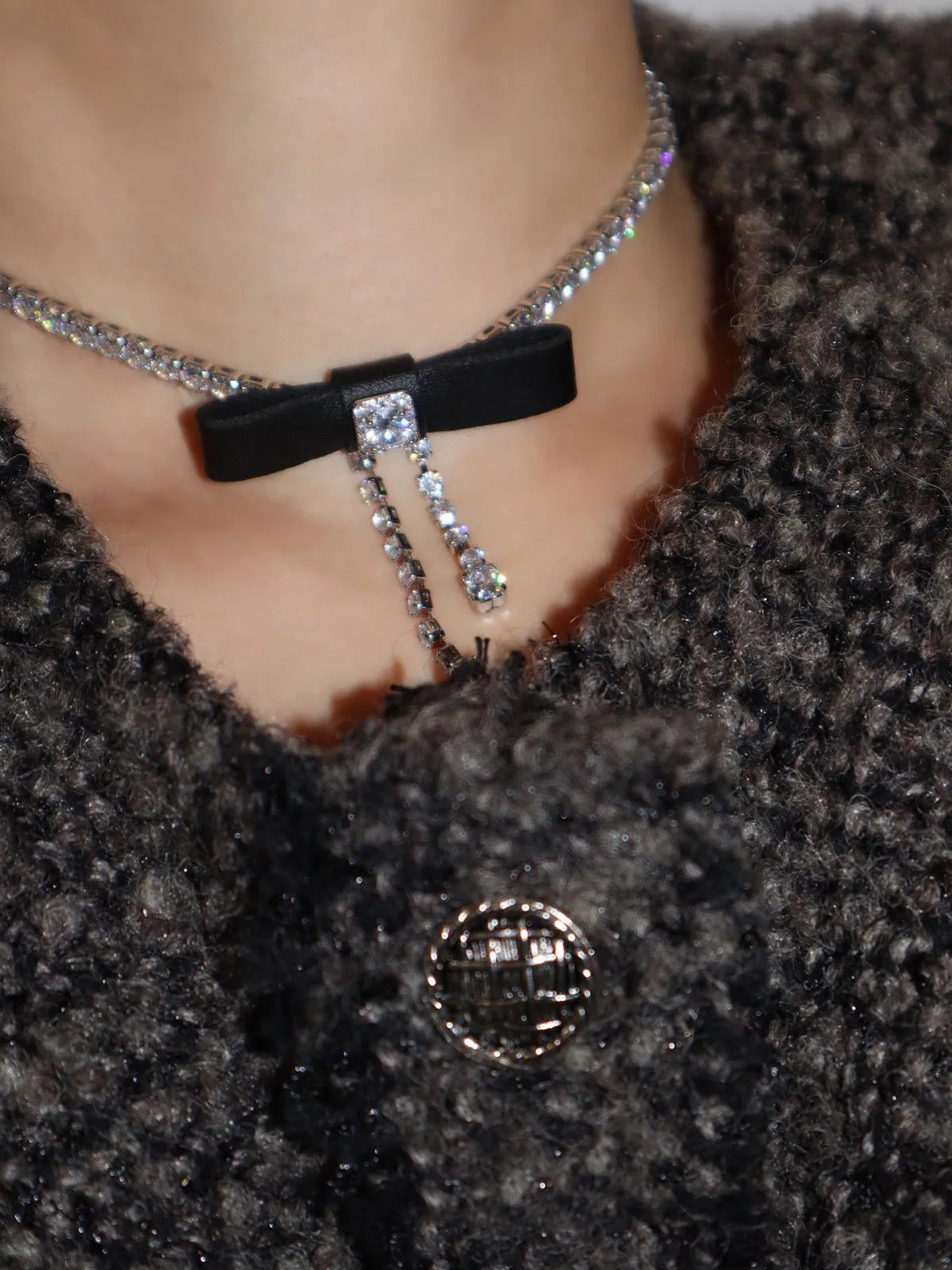 Brass AAA Zircon Leather Knot Necklace Earrings  Women Jewelry Punk Designer Runway Gown Boho Japan Korean