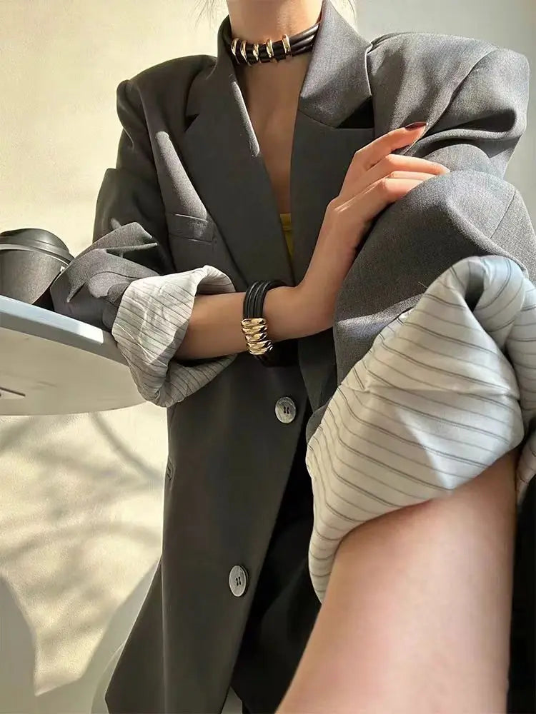Brass Statement Chunky Leather Choker Bracelet Women Jewelry Designer T Show Runway Gown Rare INS Japan Korean Trendy