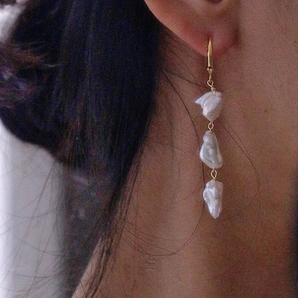 Brass With 18K Gold Natural Freshwater Pearl  Drop Earrings Women Jewelry Punk Party T Show Gown Runway Korean Japan INS