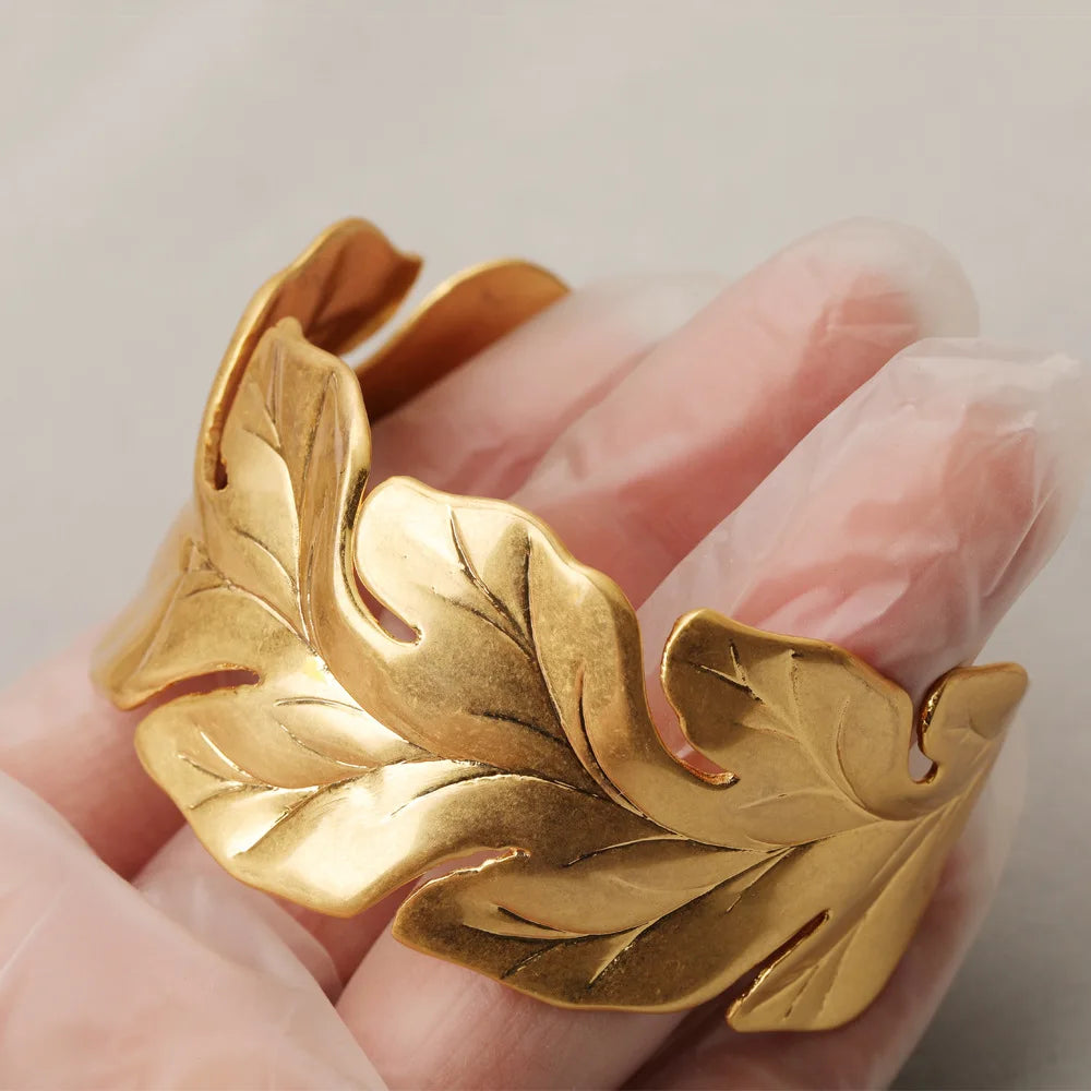Brass With 18K Gold Statement Wide Leaves  Bangle Women Jewelry Designer T Show Runway Gown Rare INS Japan Korean Trendy