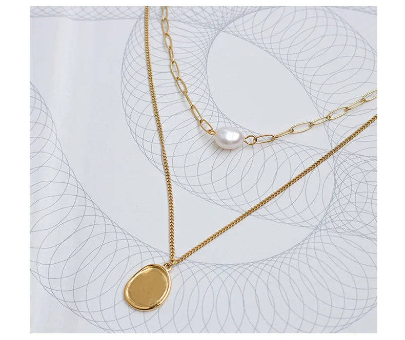 Titanium With 18 K Gold Layered Chain Geo Real Pearl  Necklaces Women Jewelry Punk Designer Club Cocktail Party Japan