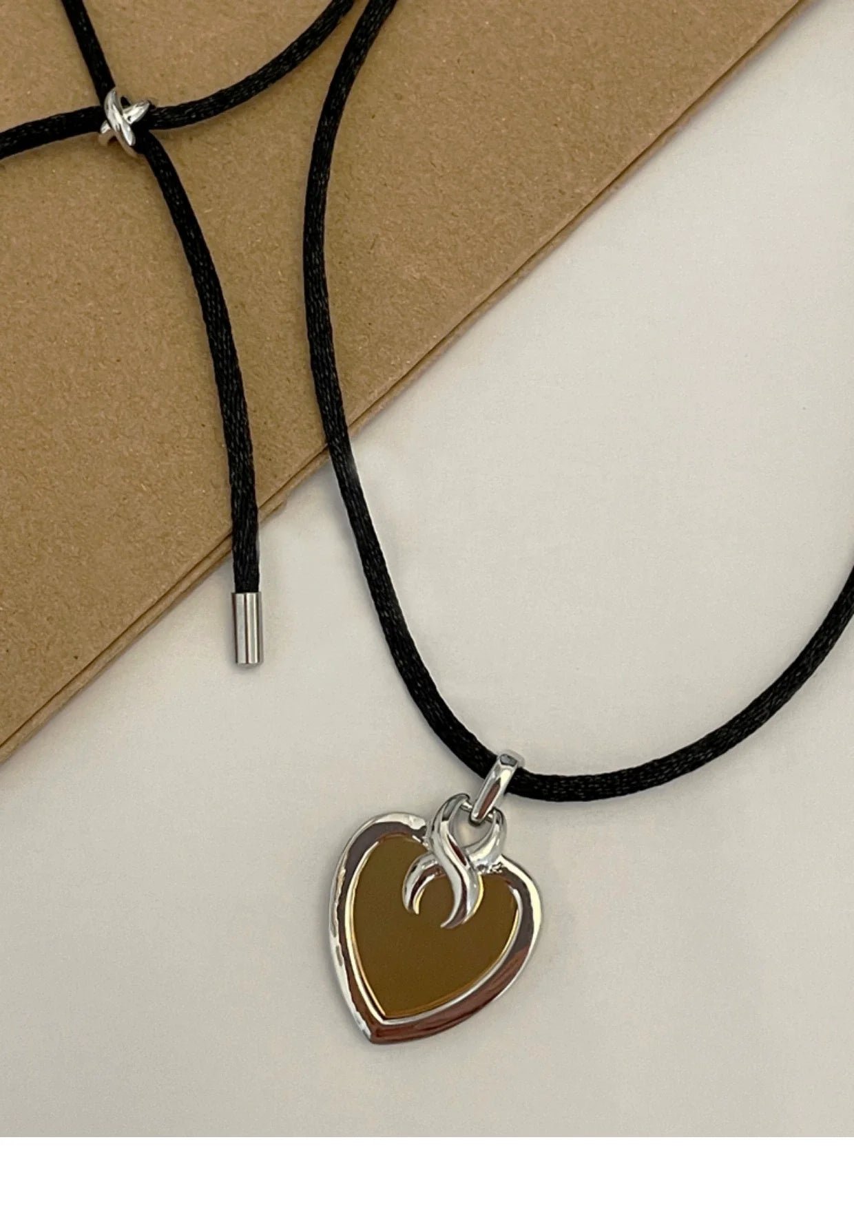 Brass  2 Tone Rope Chain Heart Pendant Necklace Women Jewelry Punk Designer Runway Rare Gown Boho Japan Korean