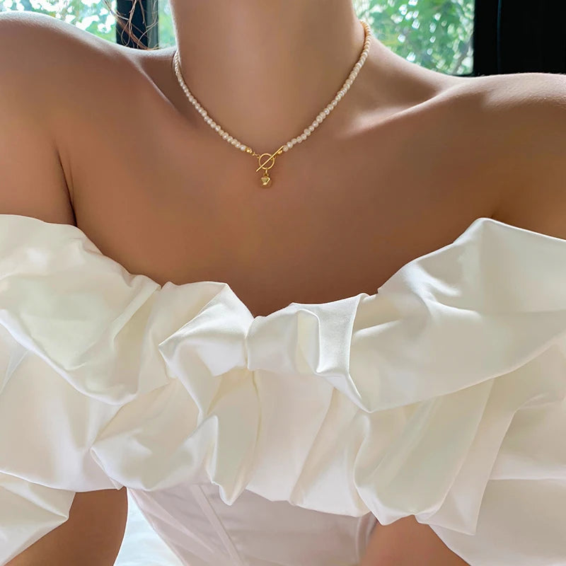 Brass With 18K Gold Natural Pearl OT Chains Necklace Women Jewelry Designer T Show Runway Sweety Boho Japan Korean Sample Trendy
