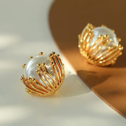 Brass With 18K Retro Faux Pearl Ball Earrings Women Jewelry Punk Party T Show Gown Runway Trendy  Korean Japan Israel  Style INS