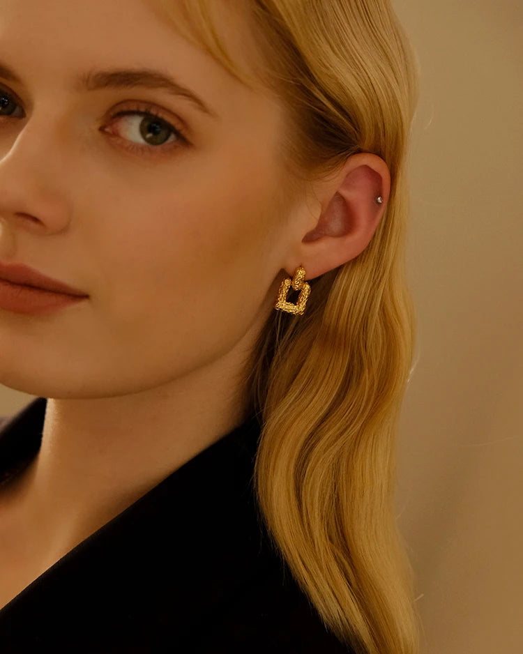 Brass With 18K Gold Lava Square Shape Drop Earrings  Women Jewelry Punk Party Gown Runway Rare South  Korean Japan Boho