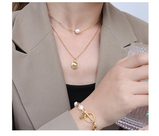 Titanium With 18 K Gold Layered Chain Geo Real Pearl  Necklaces Women Jewelry Punk Designer Club Cocktail Party Japan