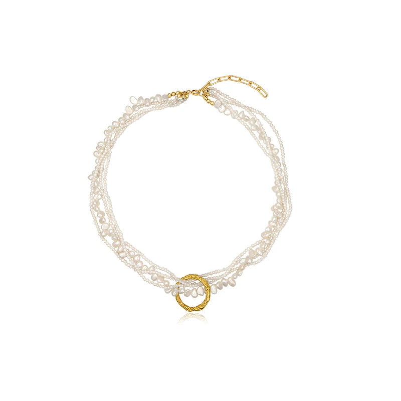 Brass With 18K Natural Pearl Layered Necklace Women Wedding  Jewelry Runway Party Japan Souch Korea Fashion