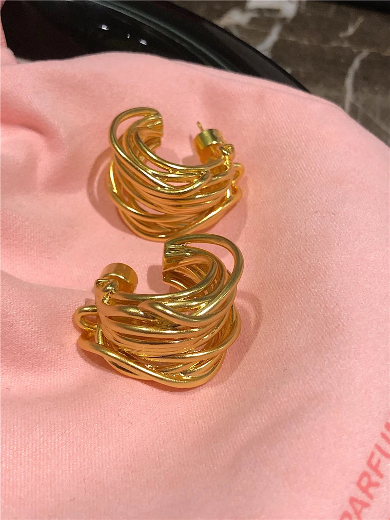 Brass With 18K Vintage Line Mixed Statement Hoop Earrings Punk Party Gown Runway Boucle d'oreille Korean Japan Style Fashion