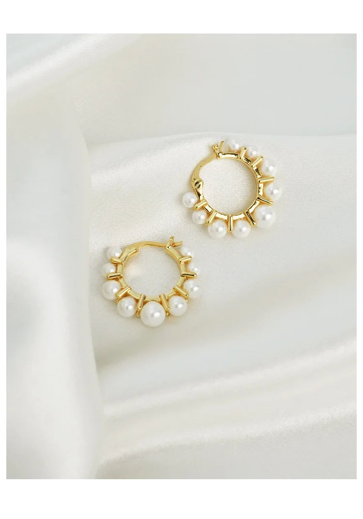 Brass With 18K Gold  Faux Pearl Hoop Earrings Women Jewelry Party T Show Gown Punk Gothic Top Runway Korean Japan