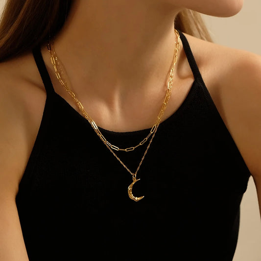 Brass With 18K Real Gold Layered Chain Moon Necklace Women Jewelry Party Designer T Show Runway INS