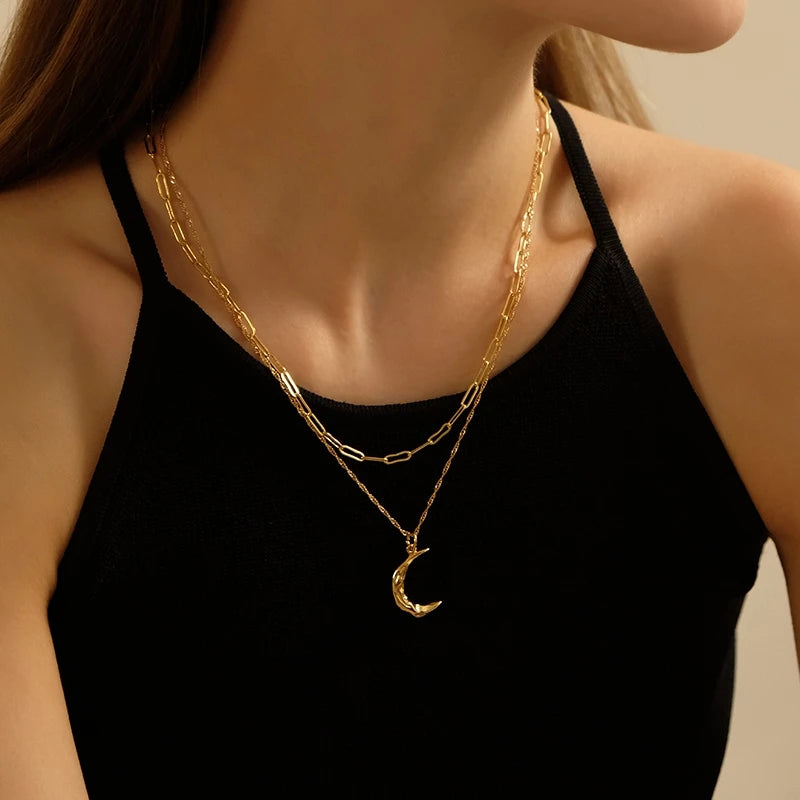 Brass With 18K Real Gold Layered Chain Moon Necklace Women Jewelry Party Designer T Show Runway INS