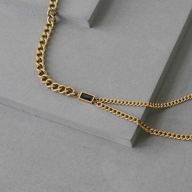 Titanium With 18 K Gold Black Zircon Double Chian  Necklace Women Stainless Steel Jewelry Chic Gown Sweet Boho OL S Japan Korean