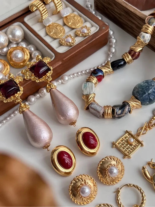 Brass Retro Natural Stone Pearl Necklace Earrings  Women Jewelry Punk Designer Runway Gown Boho Japan Korean