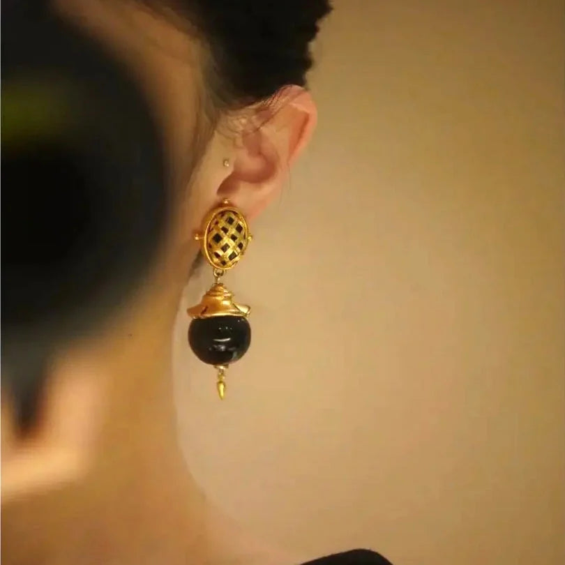 Brass With 18K Gold Retro Natural Stone Drop Earrings Women Jewelry Punk Party T Show Gown Runway Korean Japan INS