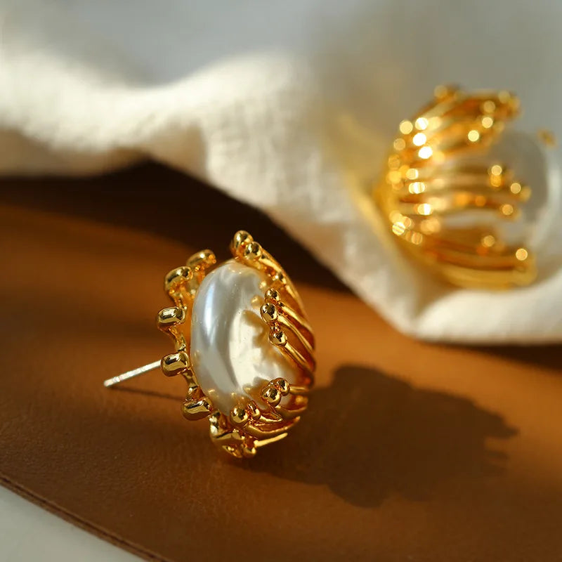 Brass With 18K Retro Faux Pearl Ball Earrings Women Jewelry Punk Party T Show Gown Runway Trendy  Korean Japan Israel  Style INS