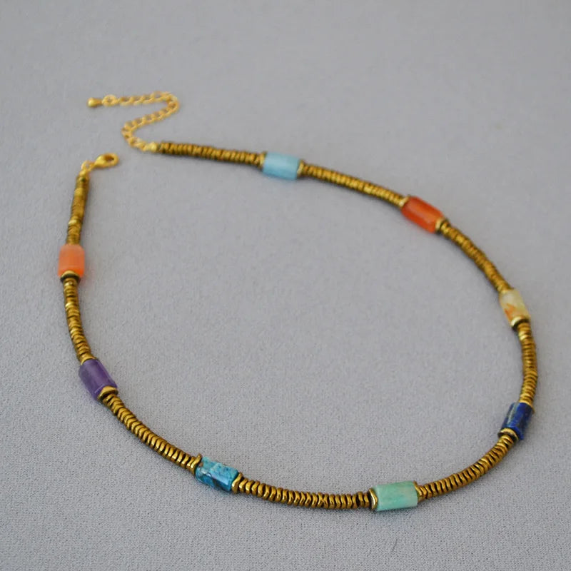 Brass Colorful Natural Stone Choker Necklaces Women Jewelry Punk Designer Runway Rare Gown Boho Japan Korean