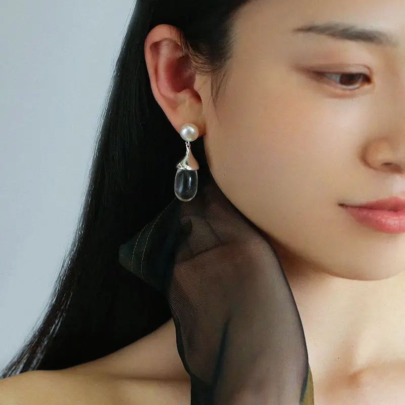 Brass Natural Pearl Black Jade Drop Earrings Women Jewelry Punk Party T Show Gown Runway Korean Japan INS