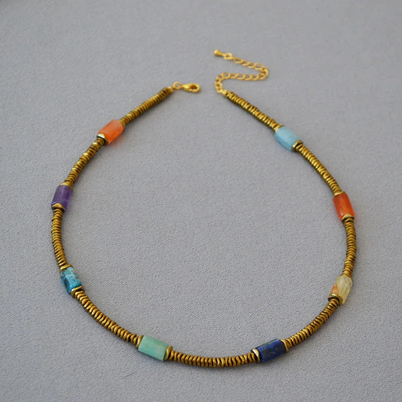 Brass Colorful Natural Stone Choker Necklaces Women Jewelry Punk Designer Runway Rare Gown Boho Japan Korean