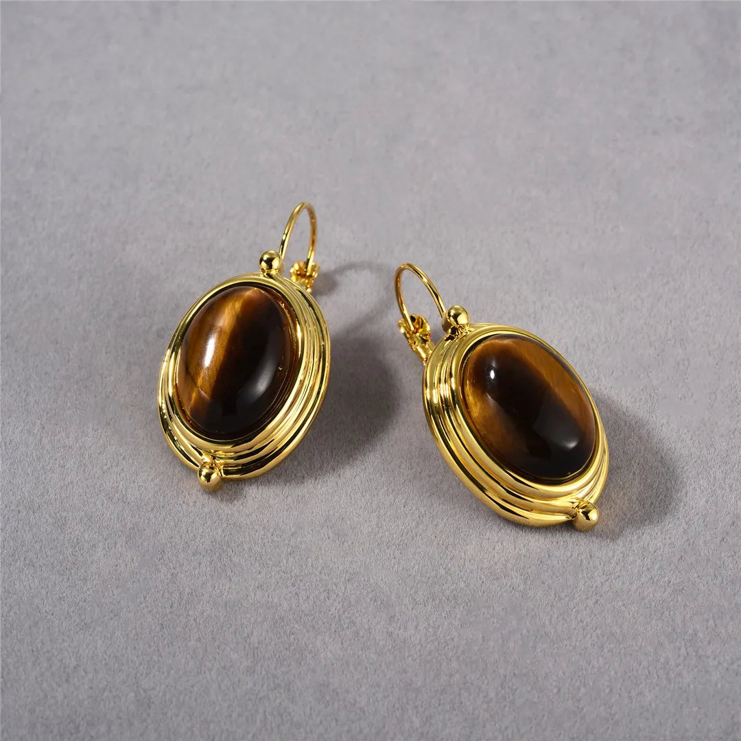 Brass With 18K Natural Tiger Eye Stone  Earrings Punk Party Gown Runway Boucle d'oreille Korean Japan Style Fashion