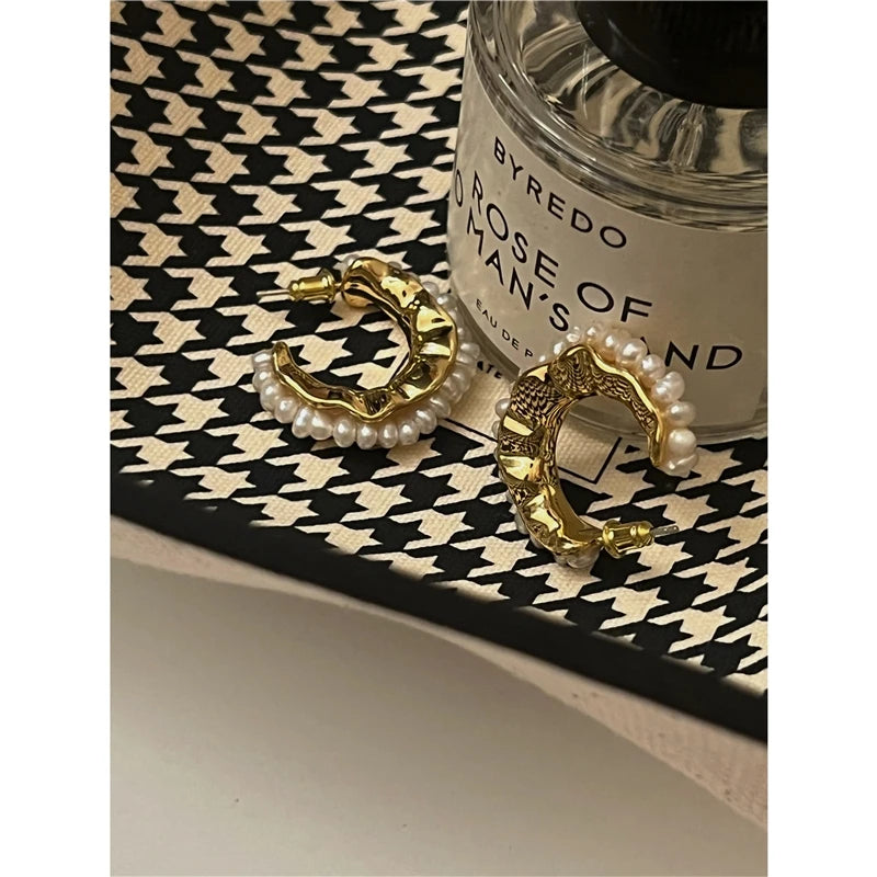 Brass With 18K Gold CC Real Natural Pearl Earrings Women Jewelry Party Boho T Show Gown Runway Party Rare Korean Japan Trendy
