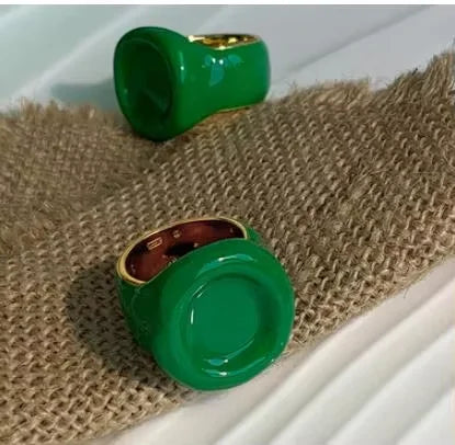 Brass With 18K Gold Solid Enamel Ring Women Jewelry Party T Show Gown Runway rare Korean Japan Trendy INS