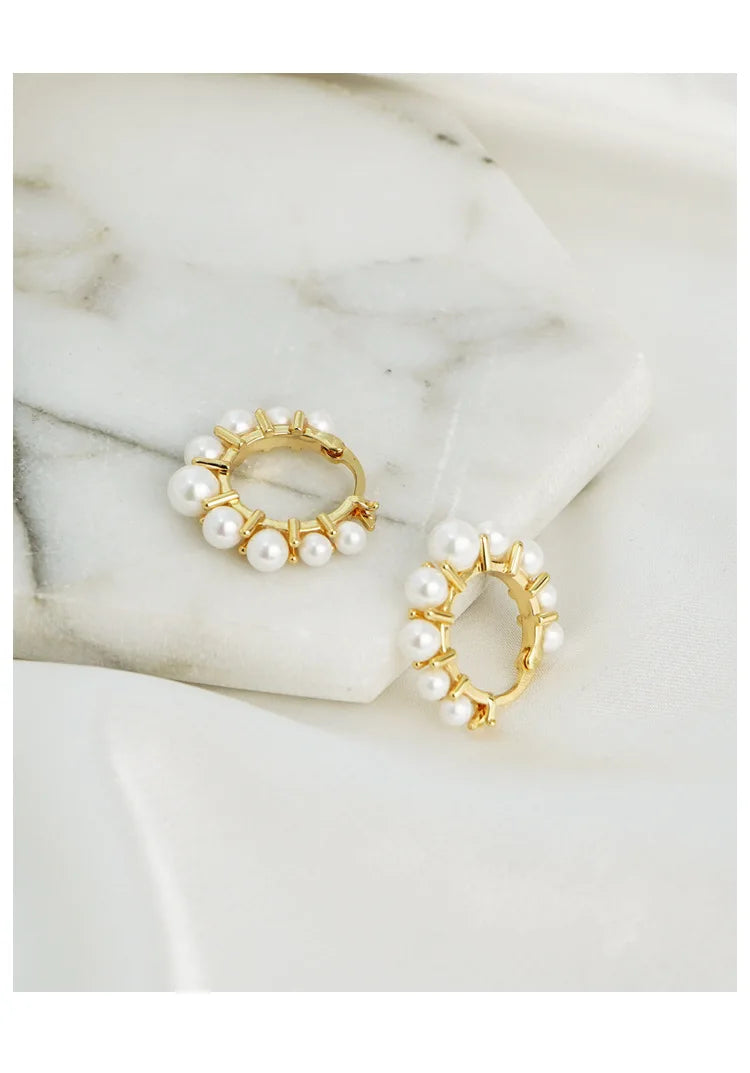 Brass With 18K Gold  Faux Pearl Hoop Earrings Women Jewelry Party T Show Gown Punk Gothic Top Runway Korean Japan