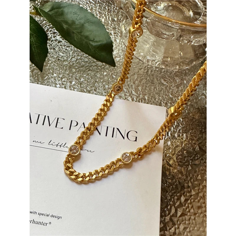Brass Simply Rhinestoned Cuban Choker Necklace Women Jewelry Designer T Show Runway Gown Rare INS Japan Korean Trendy