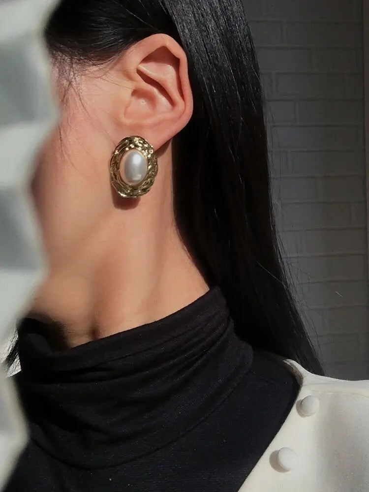 Brass Vintage Faux Pearl Hoop Earrings Women Jewelry Party Boho T Show Gown Runway Rare Korean Japan Trendy