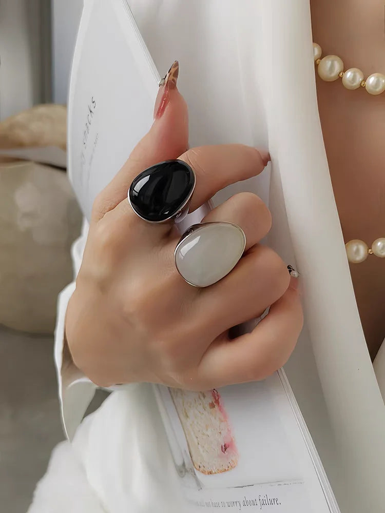 Brass Natural Stone Egg Charm Solid Rings Women  Jewelry Punk Designer Club Cocktail  Party Boho Japan Korean